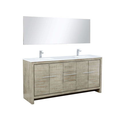 Lafarre 72" Rustic Acacia Double Bathroom Vanity, White Quartz Top, White Square Sinks, Labaro Brushed Nickel Faucet Set, and 70" Frameless Mirror - LLF72DKSODM70FCH