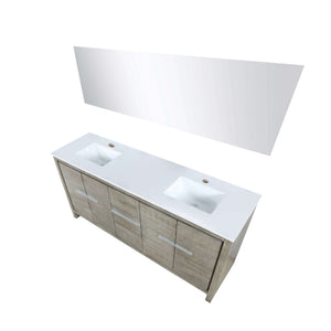 Lafarre 72" Rustic Acacia Double Bathroom Vanity, White Quartz Top, White Square Sinks, and 70" Frameless Mirror - LLF72DKSODM70