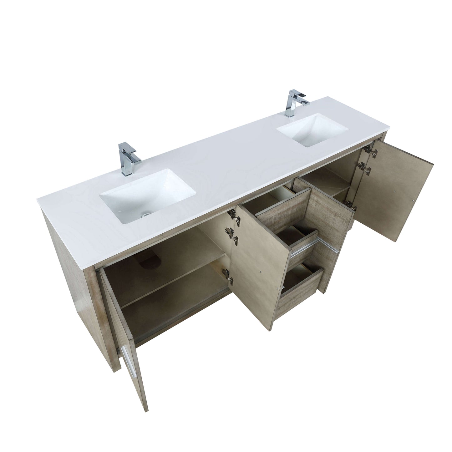 Lafarre 80" Rustic Acacia Double Bathroom Vanity, White Quartz Top, White Square Sinks, and Labaro Brushed Nickel Faucet Set - LLF80DKSOD000FCH