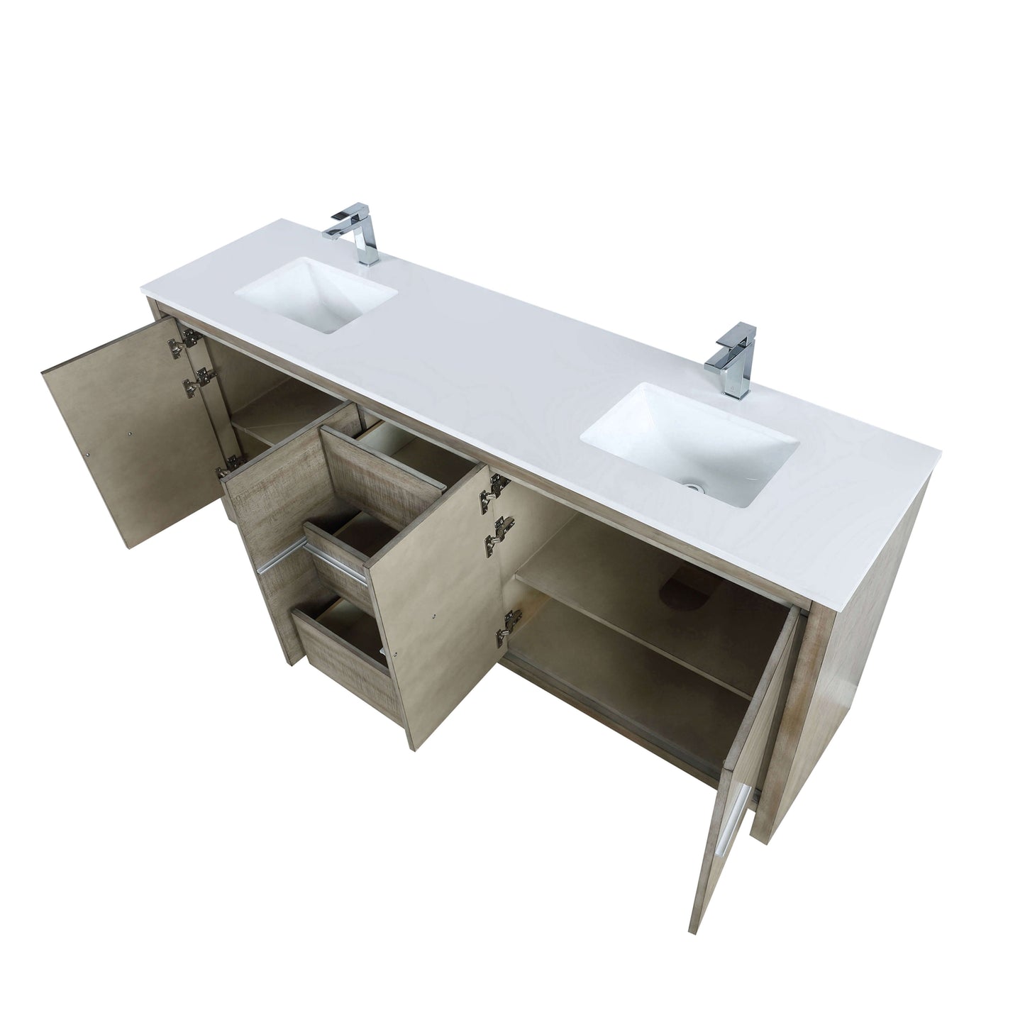 Lafarre 80" Rustic Acacia Double Bathroom Vanity, White Quartz Top, White Square Sinks, and Labaro Brushed Nickel Faucet Set - LLF80DKSOD000FCH