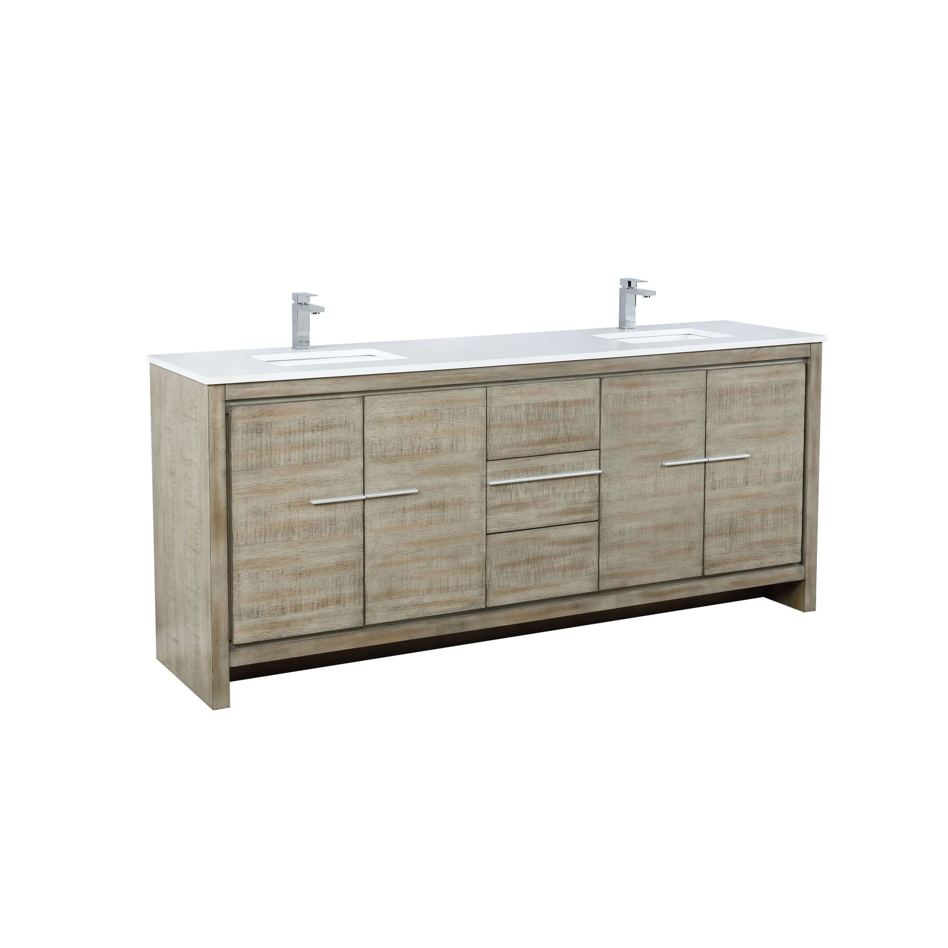 Lafarre 80" Rustic Acacia Double Bathroom Vanity, White Quartz Top, White Square Sinks, and Labaro Brushed Nickel Faucet Set - LLF80DKSOD000FCH