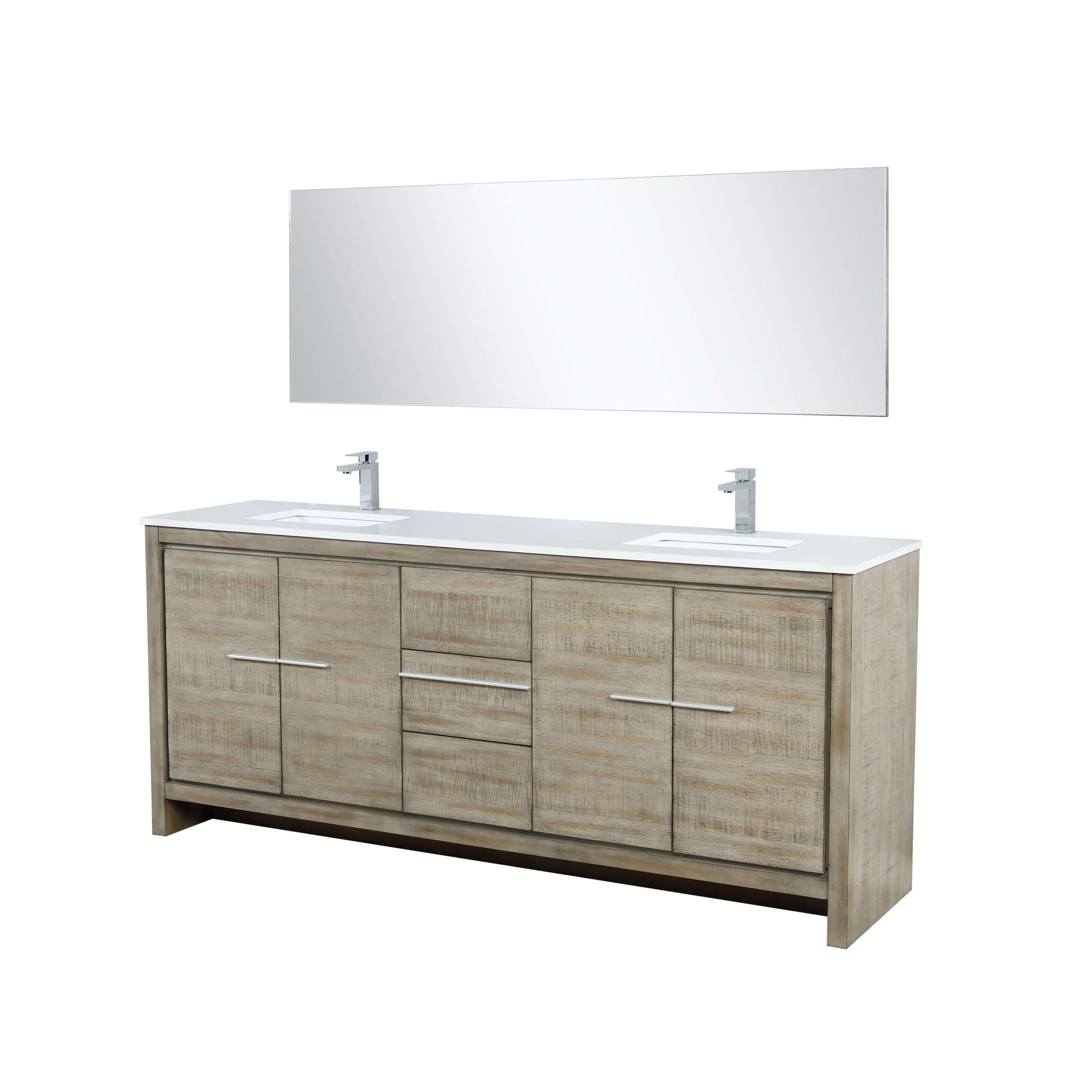 Lafarre 80" Rustic Acacia Double Bathroom Vanity, White Quartz Top, White Square Sinks, Labaro Brushed Nickel Faucet Set, and 70" Frameless Mirror - LLF80DKSODM70FCH