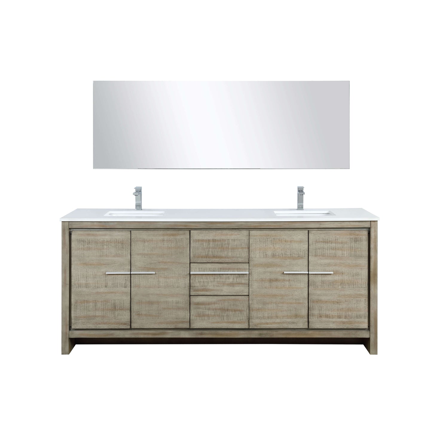 Lafarre 80" Rustic Acacia Double Bathroom Vanity, White Quartz Top, White Square Sinks, Labaro Brushed Nickel Faucet Set, and 70" Frameless Mirror - LLF80DKSODM70FCH