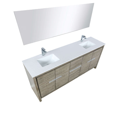 Lafarre 80" Rustic Acacia Double Bathroom Vanity, White Quartz Top, White Square Sinks, Labaro Brushed Nickel Faucet Set, and 70" Frameless Mirror - LLF80DKSODM70FCH