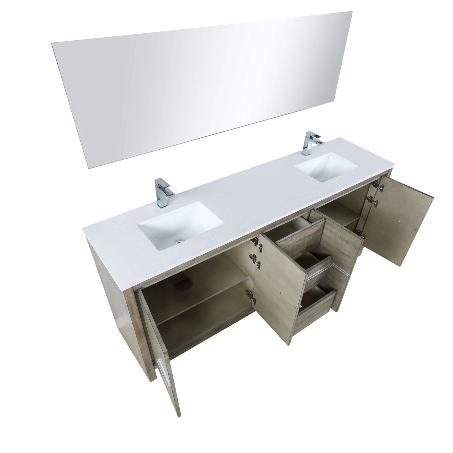 Lafarre 80" Rustic Acacia Double Bathroom Vanity, White Quartz Top, White Square Sinks, Labaro Brushed Nickel Faucet Set, and 70" Frameless Mirror - LLF80DKSODM70FCH