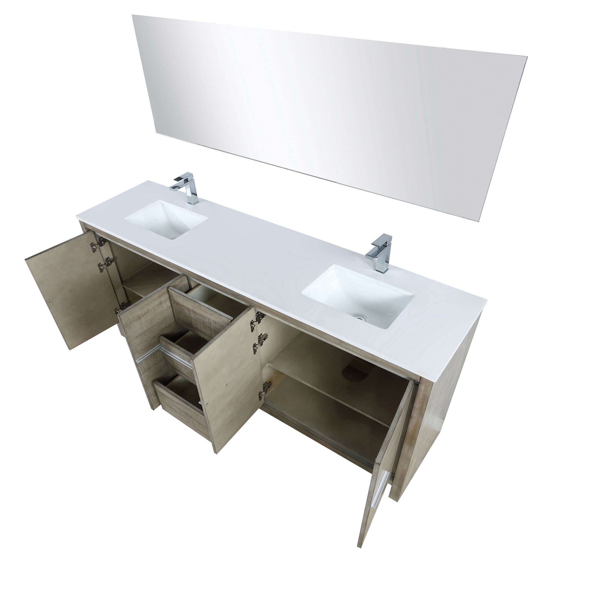 Lafarre 80" Rustic Acacia Double Bathroom Vanity, White Quartz Top, White Square Sinks, Labaro Brushed Nickel Faucet Set, and 70" Frameless Mirror - LLF80DKSODM70FCH