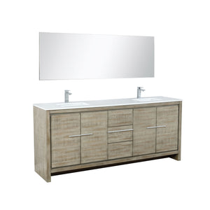Lafarre 80" Rustic Acacia Double Bathroom Vanity, White Quartz Top, White Square Sinks, Labaro Brushed Nickel Faucet Set, and 70" Frameless Mirror - LLF80DKSODM70FCH