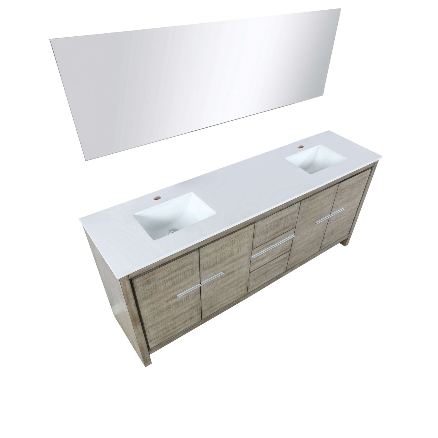 Lafarre 80" Rustic Acacia Double Bathroom Vanity, White Quartz Top, White Square Sinks, and 70" Frameless Mirror - LLF80DKSODM70