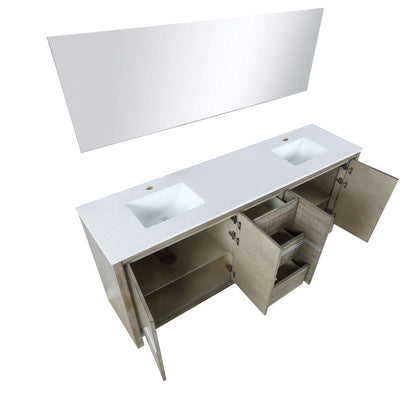 Lafarre 80" Rustic Acacia Double Bathroom Vanity, White Quartz Top, White Square Sinks, and 70" Frameless Mirror - LLF80DKSODM70