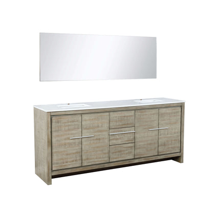 Lafarre 80" Rustic Acacia Double Bathroom Vanity, White Quartz Top, White Square Sinks, and 70" Frameless Mirror - LLF80DKSODM70