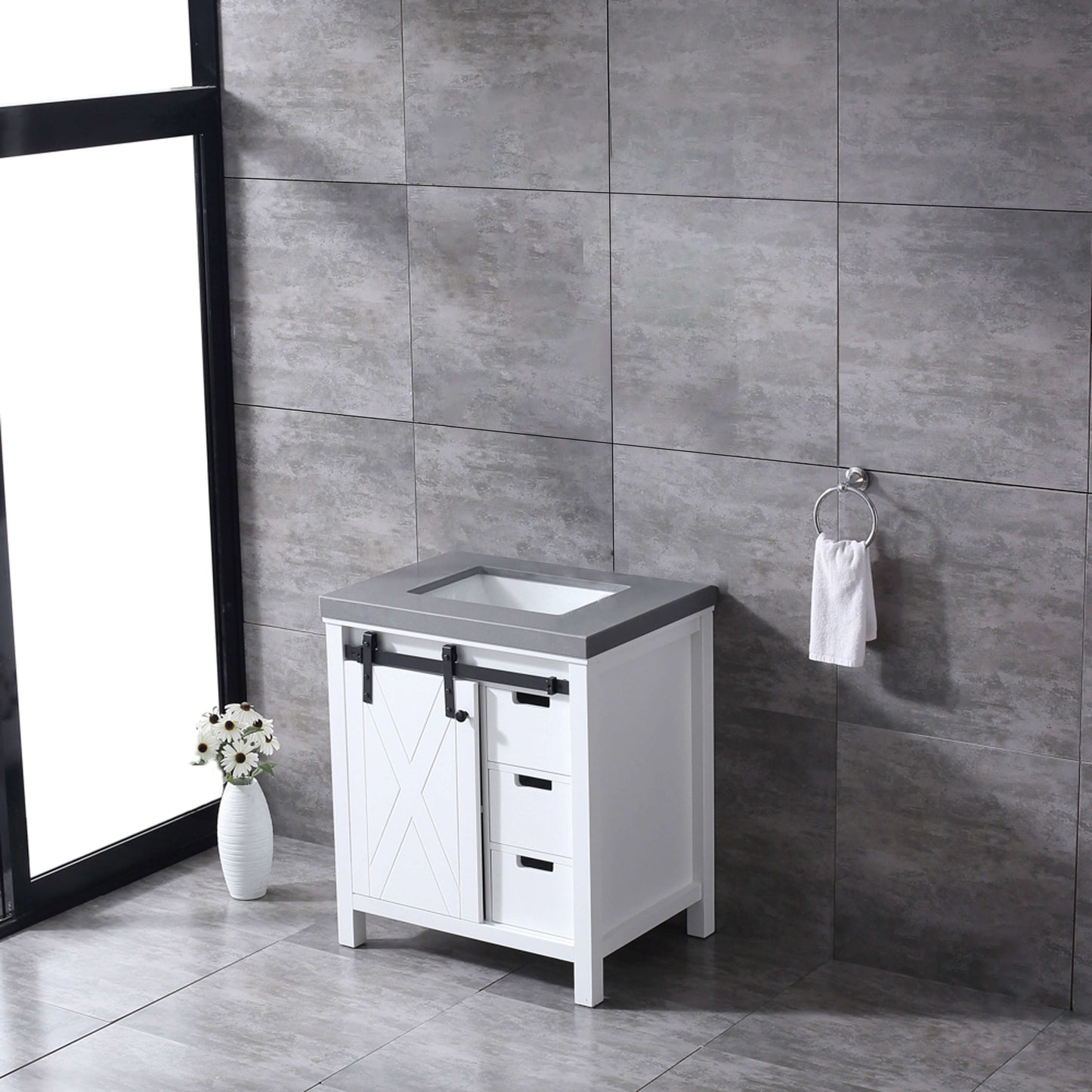 Marsyas 30" White Single Vanity, Grey Quartz Top, White Square Sink and no Mirror - LM342230SAAS000