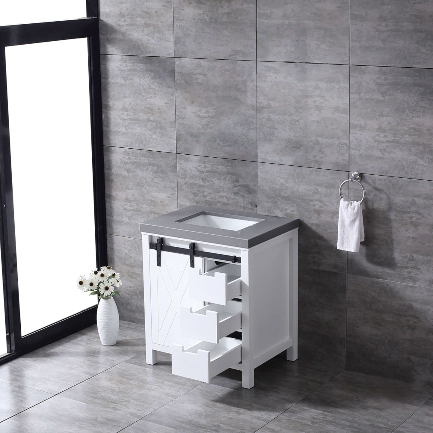 Marsyas 30" White Single Vanity, Grey Quartz Top, White Square Sink and no Mirror - LM342230SAAS000