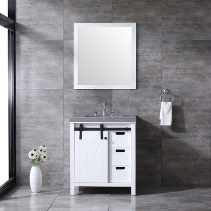 Marsyas 30" White Single Vanity, Grey Quartz Top, White Square Sink and 28" Mirror - LM342230SAASM28