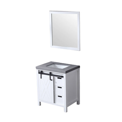 Marsyas 30" White Single Vanity, Grey Quartz Top, White Square Sink and 28" Mirror - LM342230SAASM28