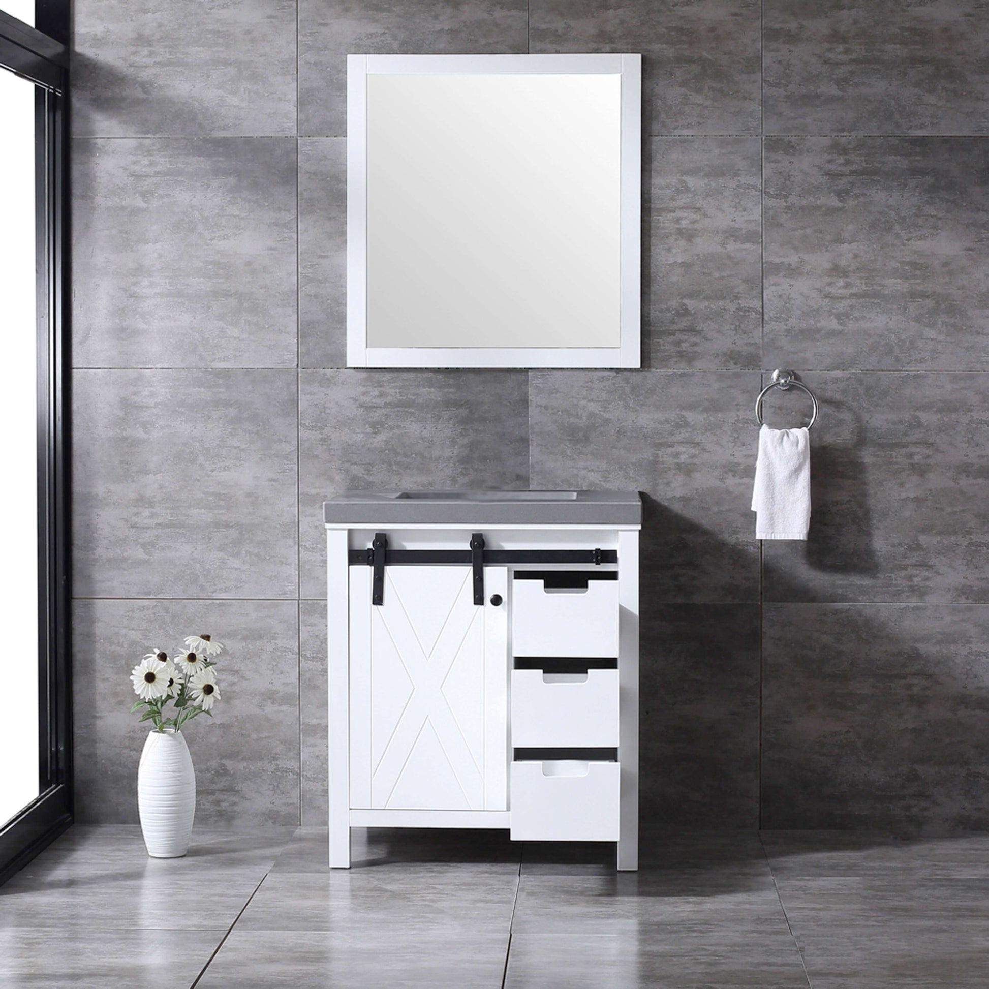 Marsyas 30" White Single Vanity, Grey Quartz Top, White Square Sink and 28" Mirror - LM342230SAASM28