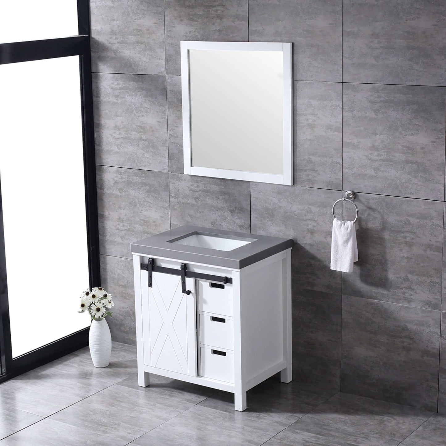 Marsyas 30" White Single Vanity, Grey Quartz Top, White Square Sink and 28" Mirror - LM342230SAASM28