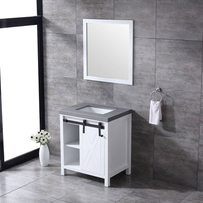 Marsyas 30" White Single Vanity, Grey Quartz Top, White Square Sink and 28" Mirror - LM342230SAASM28