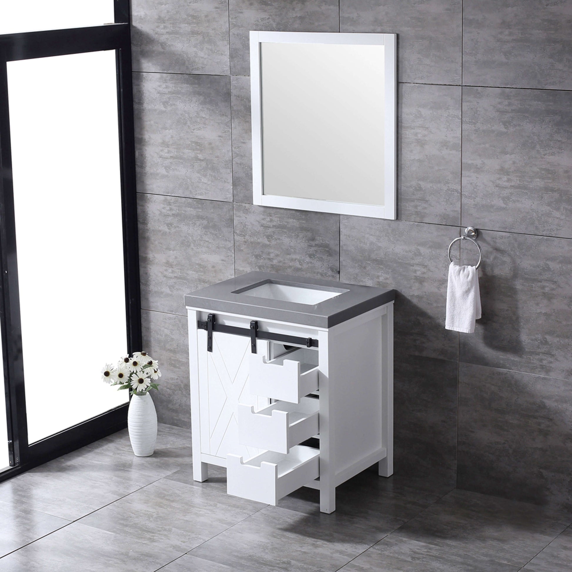 Marsyas 30" White Single Vanity, Grey Quartz Top, White Square Sink and 28" Mirror - LM342230SAASM28