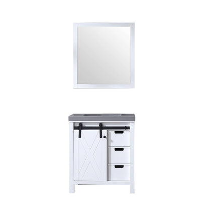 Marsyas 30" White Single Vanity, Grey Quartz Top, White Square Sink and 28" Mirror - LM342230SAASM28