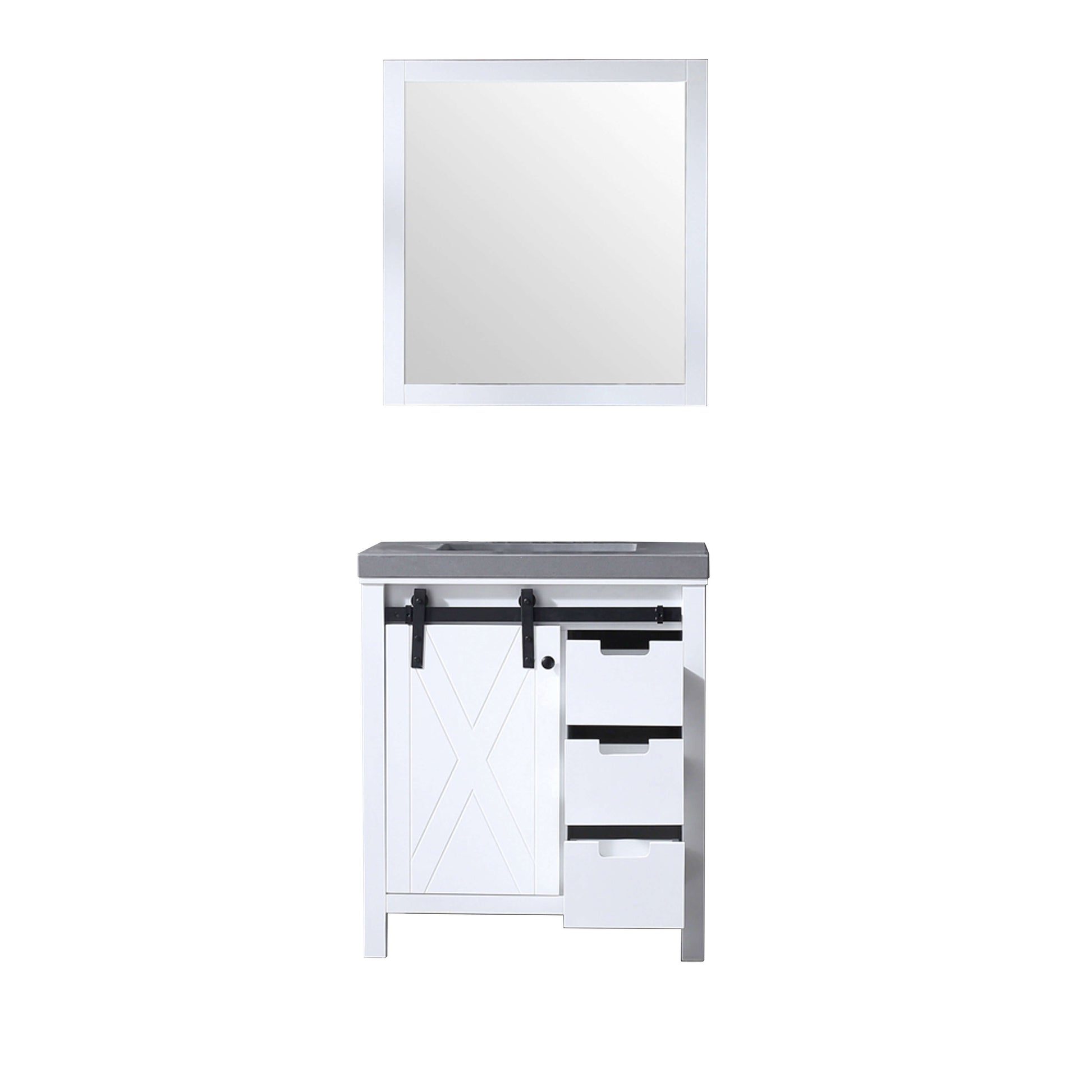 Marsyas 30" White Single Vanity, Grey Quartz Top, White Square Sink and 28" Mirror - LM342230SAASM28