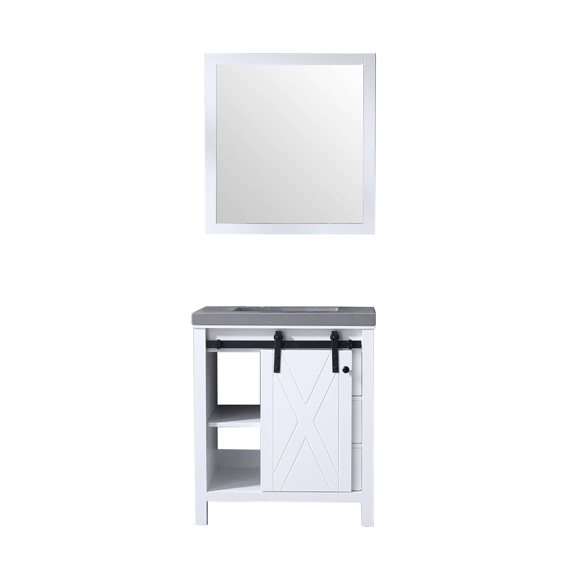 Marsyas 30" White Single Vanity, Grey Quartz Top, White Square Sink and 28" Mirror - LM342230SAASM28