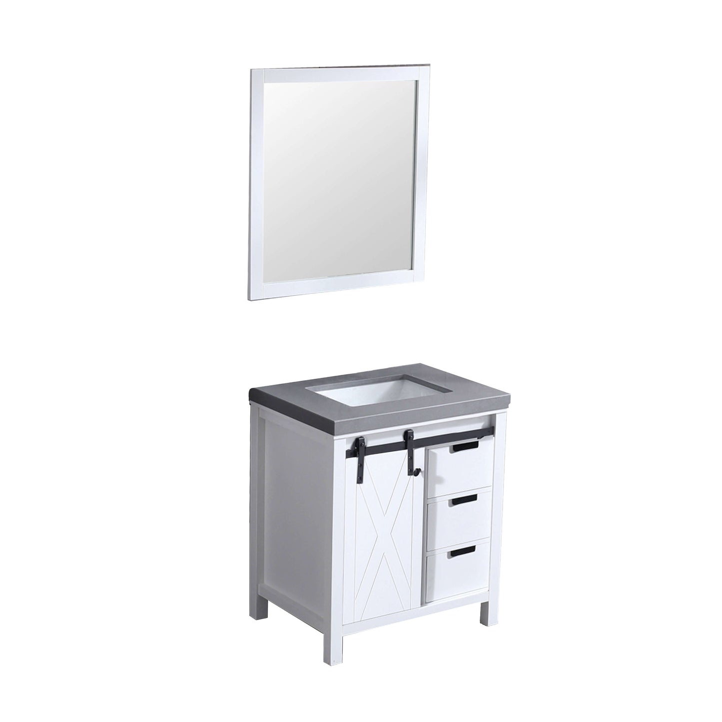 Marsyas 30" White Single Vanity, Grey Quartz Top, White Square Sink and 28" Mirror - LM342230SAASM28