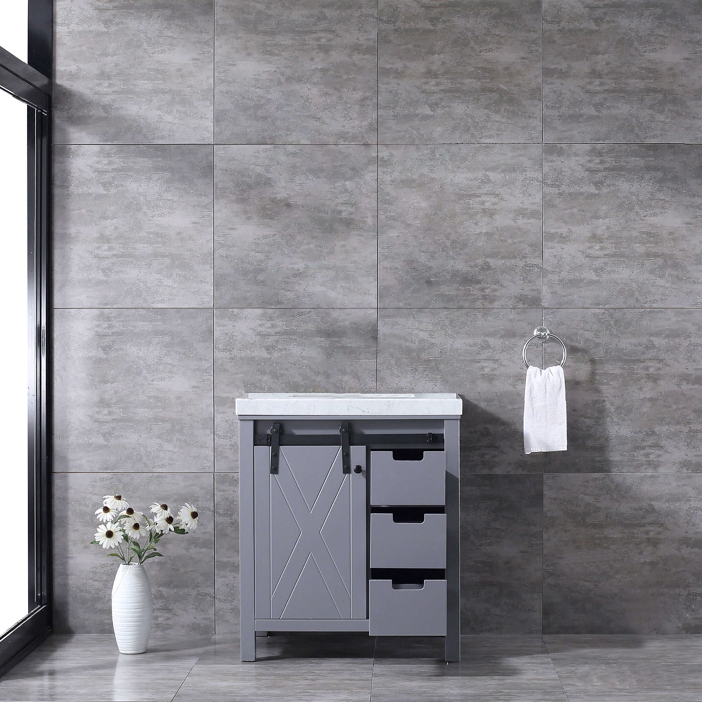 Marsyas 30" Dark Grey Single Vanity, White Carrara Marble Top, White Square Sink and no Mirror - LM342230SBBS000