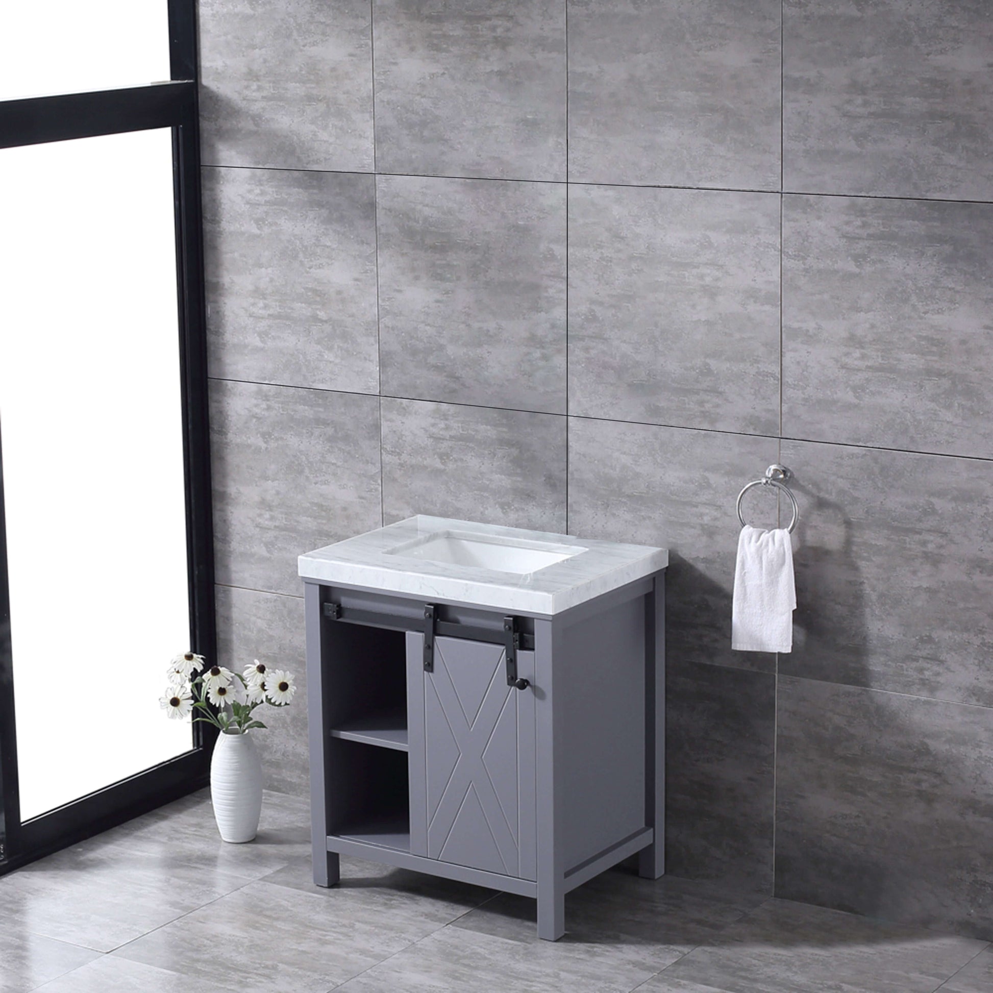 Marsyas 30" Dark Grey Single Vanity, White Carrara Marble Top, White Square Sink and no Mirror - LM342230SBBS000