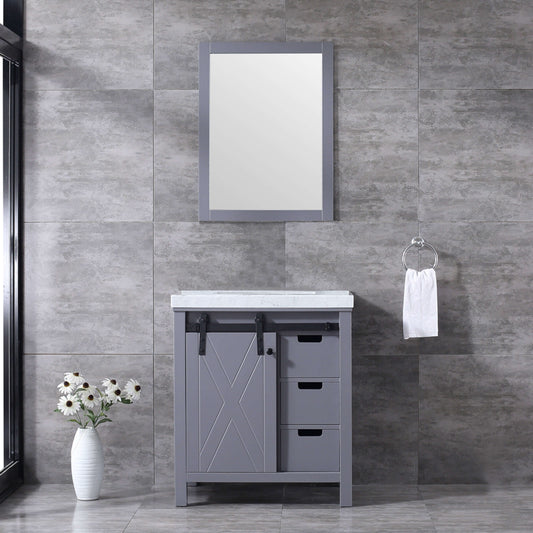 Marsyas 30" Dark Grey Single Vanity, White Carrara Marble Top, White Square Sink and 28" Mirror - LM342230SBBSM28