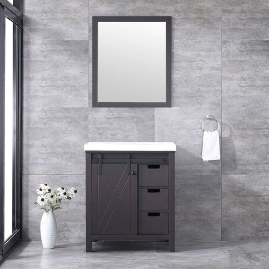 Marsyas 30" Brown Single Vanity, White Quartz Top, White Square Sink and 28" Mirror - LM342230SCCSM28