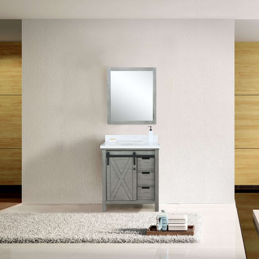 Marsyas 30" Ash Grey Single Vanity, White Quartz Top, White Square Sink and 28" Mirror - LM342230SHCSM28