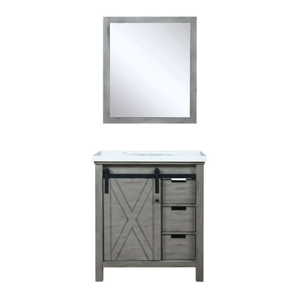 Marsyas 30" Ash Grey Single Vanity, White Quartz Top, White Square Sink and 28" Mirror - LM342230SHCSM28