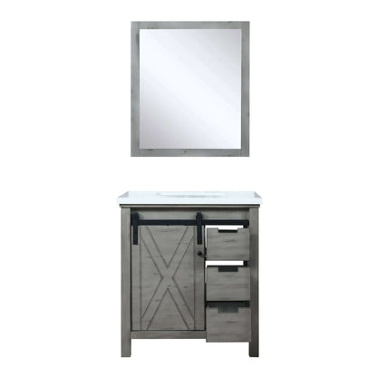 Marsyas 30" Ash Grey Single Vanity, White Quartz Top, White Square Sink and 28" Mirror - LM342230SHCSM28