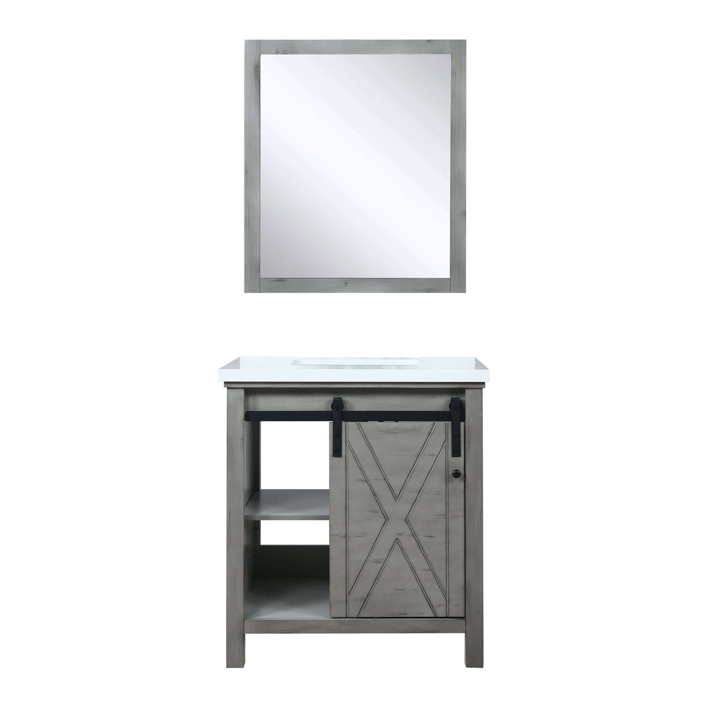 Marsyas 30" Ash Grey Single Vanity, White Quartz Top, White Square Sink and 28" Mirror - LM342230SHCSM28