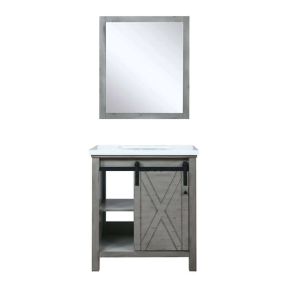 Marsyas 30" Ash Grey Single Vanity, White Quartz Top, White Square Sink and 28" Mirror - LM342230SHCSM28