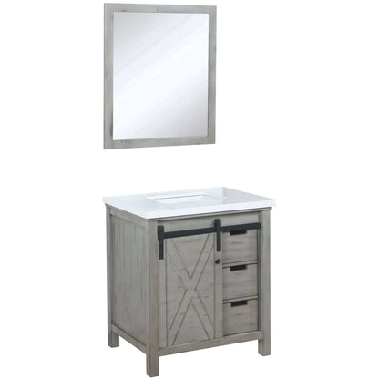 Marsyas 30" Ash Grey Single Vanity, White Quartz Top, White Square Sink and 28" Mirror - LM342230SHCSM28