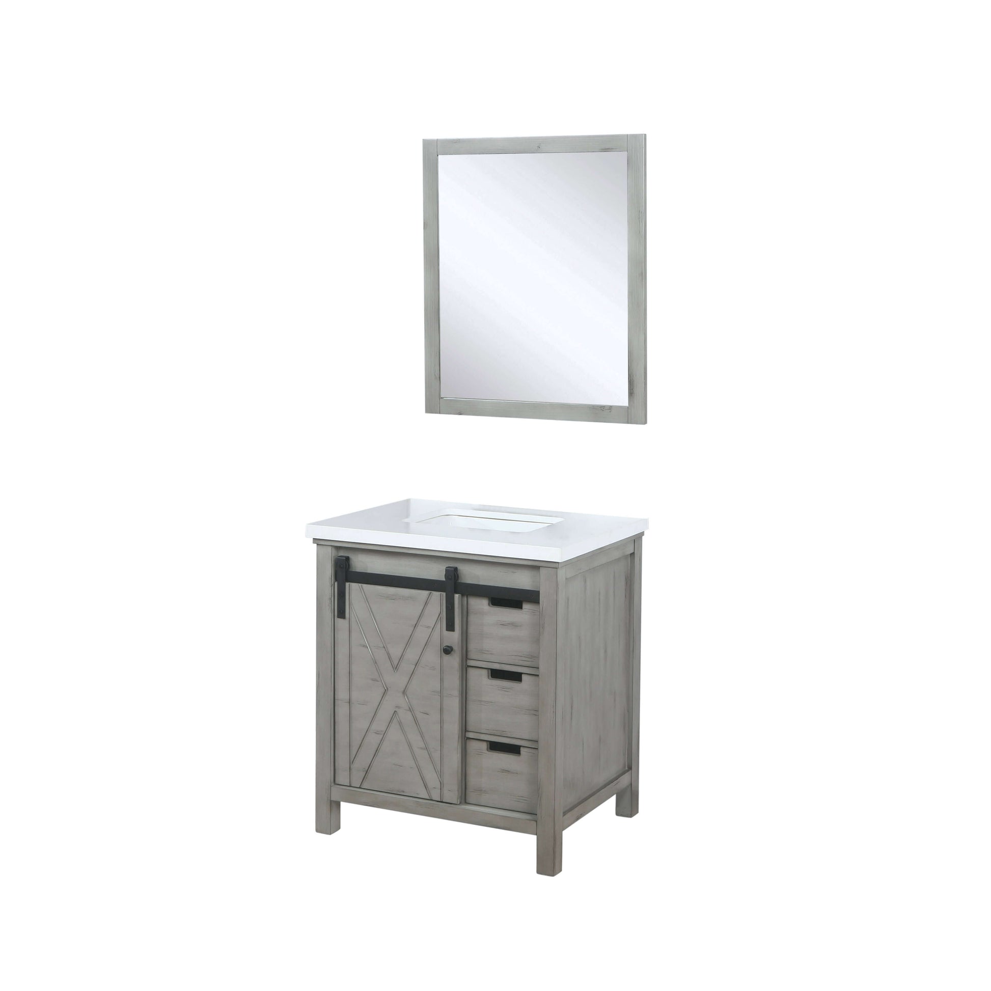 Marsyas 30" Ash Grey Single Vanity, White Quartz Top, White Square Sink and 28" Mirror - LM342230SHCSM28