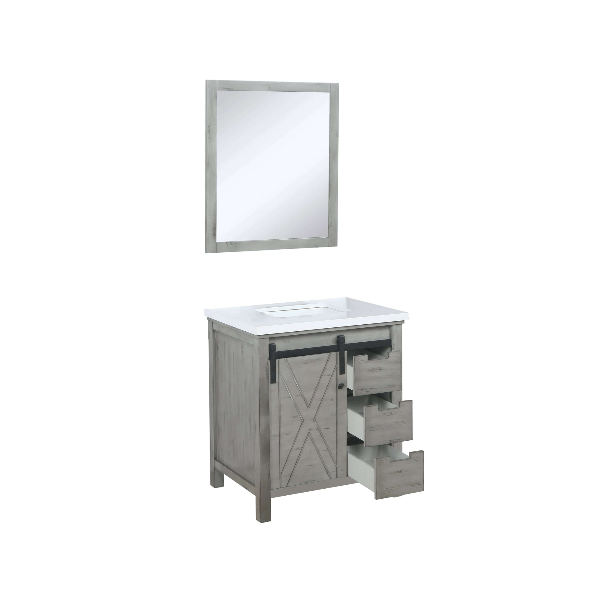 Marsyas 30" Ash Grey Single Vanity, White Quartz Top, White Square Sink and 28" Mirror - LM342230SHCSM28