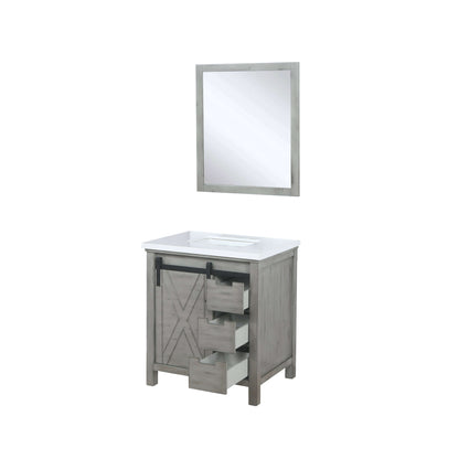 Marsyas 30" Ash Grey Single Vanity, White Quartz Top, White Square Sink and 28" Mirror - LM342230SHCSM28