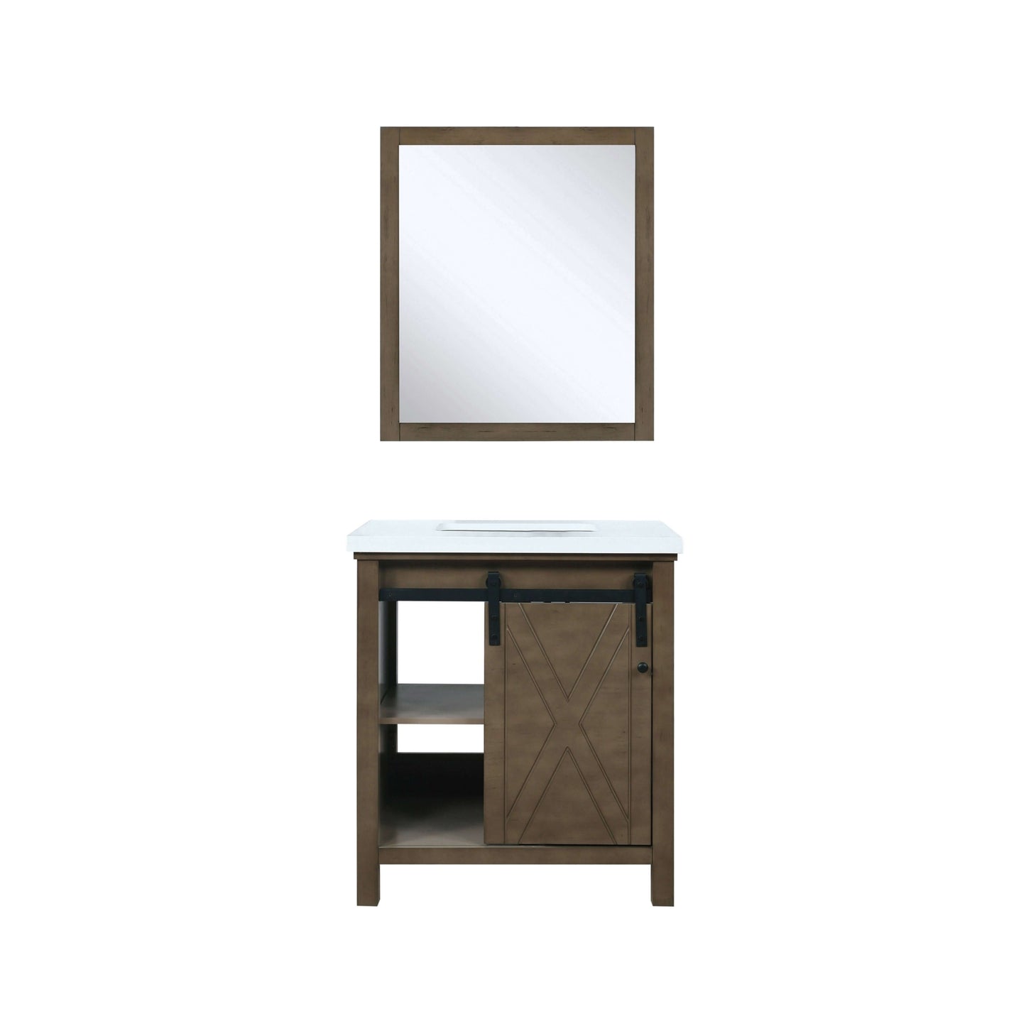 Marsyas 30" Rustic Brown Single Vanity, White Quartz Top, White Square Sink and 28" Mirror - LM342230SKCSM28