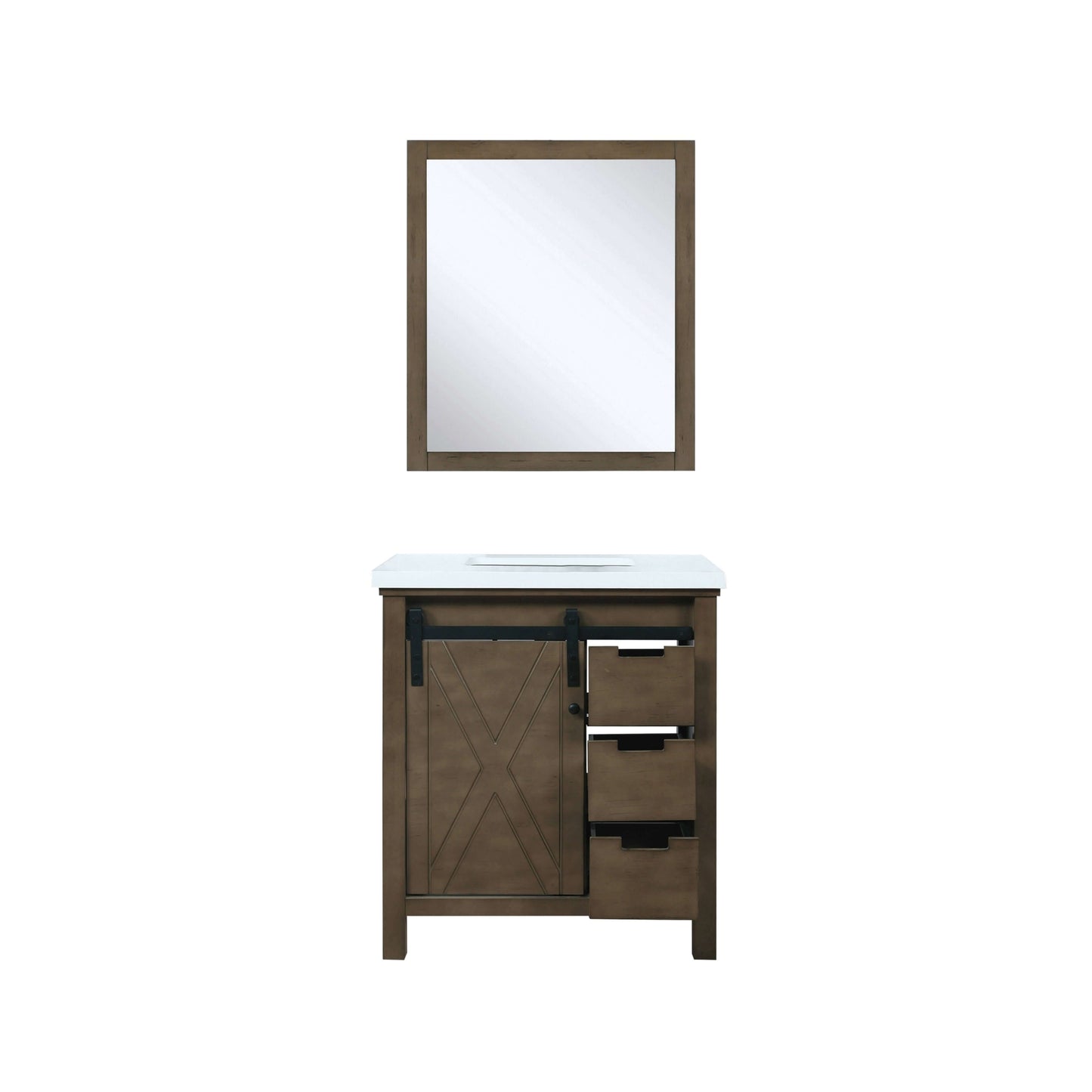 Marsyas 30" Rustic Brown Single Vanity, White Quartz Top, White Square Sink and 28" Mirror - LM342230SKCSM28