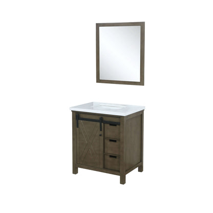 Marsyas 30" Rustic Brown Single Vanity, White Quartz Top, White Square Sink and 28" Mirror - LM342230SKCSM28