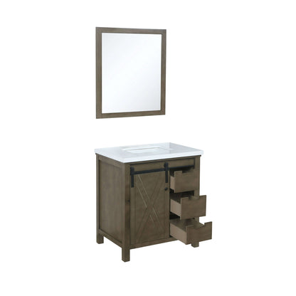 Marsyas 30" Rustic Brown Single Vanity, White Quartz Top, White Square Sink and 28" Mirror - LM342230SKCSM28