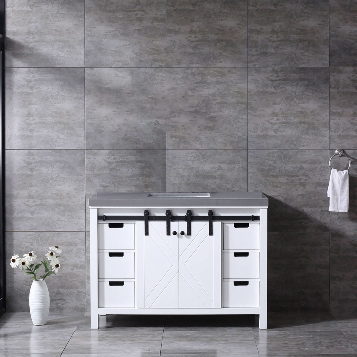 Marsyas 48" White Single Vanity, Grey Quartz Top, White Square Sink and no Mirror - LM342248SAAS000