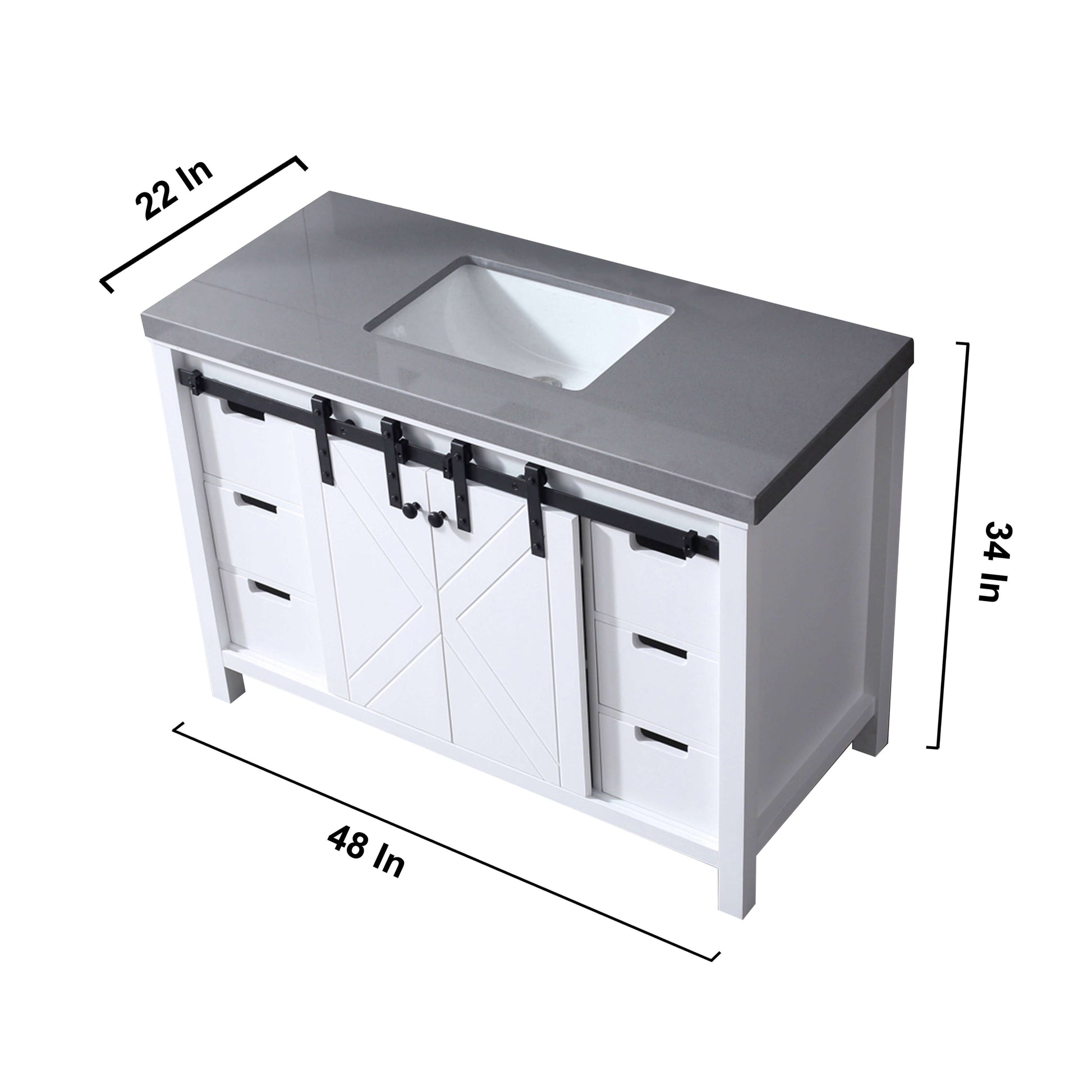 Marsyas 48" White Single Vanity, Grey Quartz Top, White Square Sink and no Mirror - LM342248SAAS000