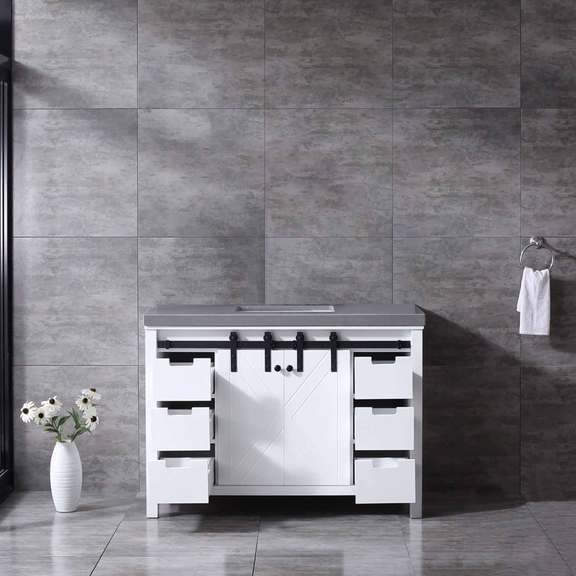 Marsyas 48" White Single Vanity, Grey Quartz Top, White Square Sink and no Mirror - LM342248SAAS000