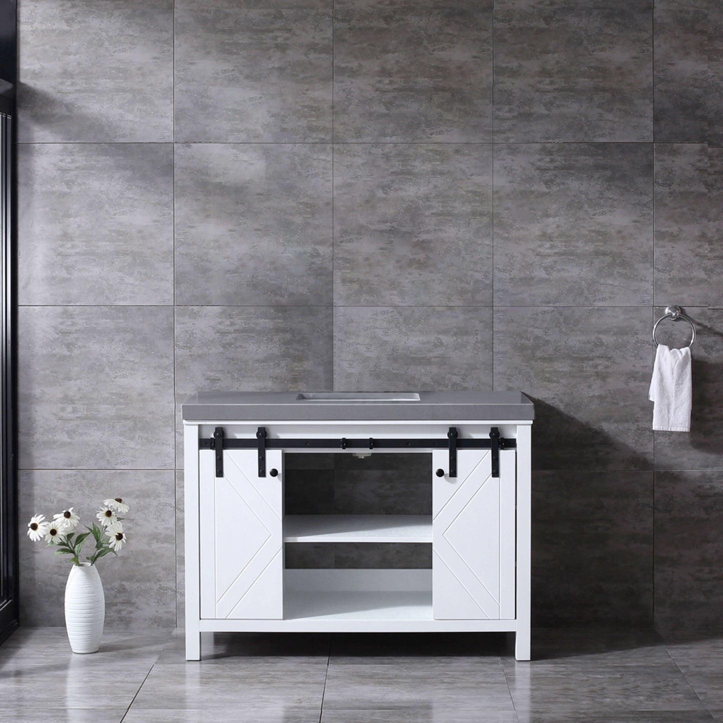 Marsyas 48" White Single Vanity, Grey Quartz Top, White Square Sink and no Mirror - LM342248SAAS000