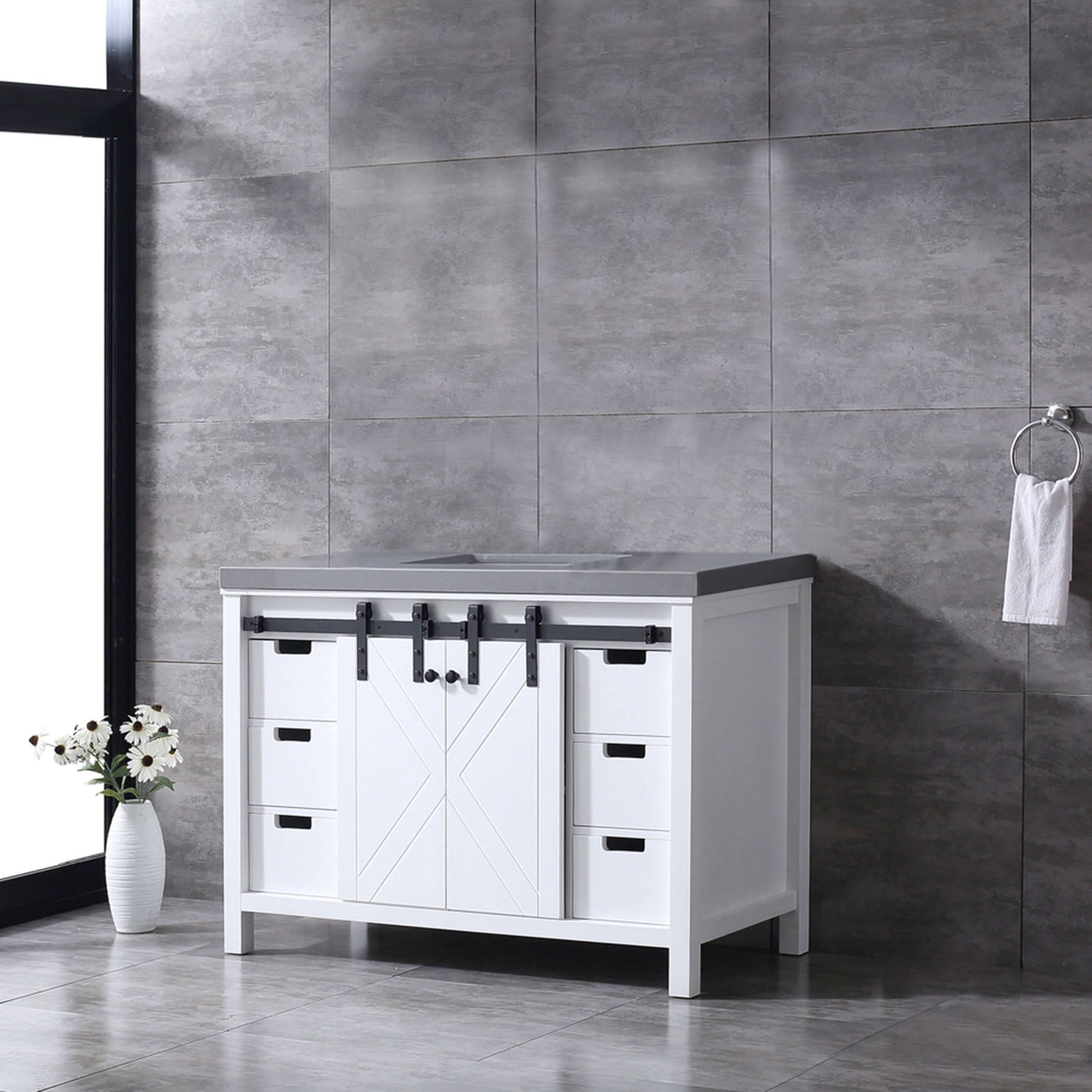 Marsyas 48" White Single Vanity, Grey Quartz Top, White Square Sink and no Mirror - LM342248SAAS000