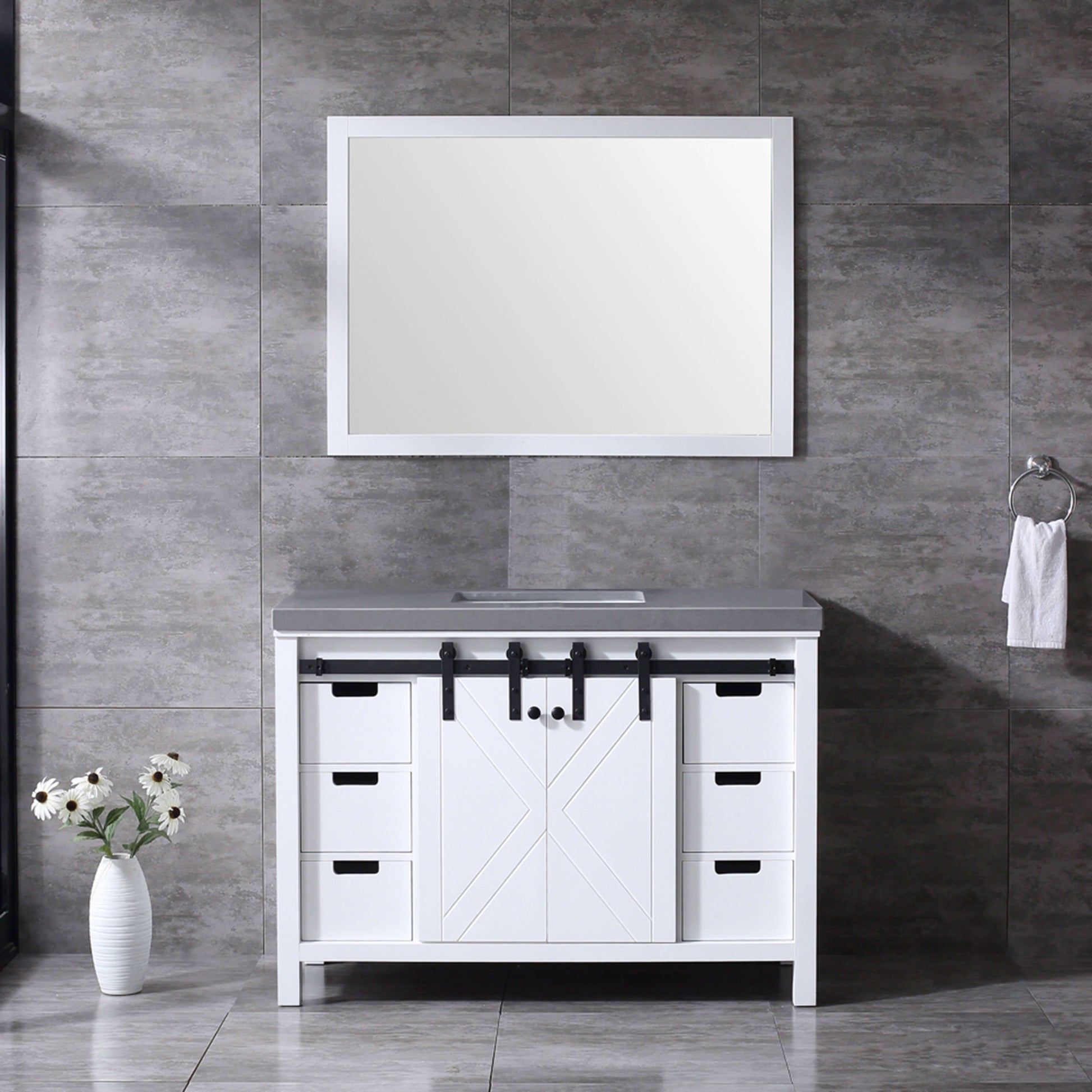 Marsyas 48" White Single Vanity, Grey Quartz Top, White Square Sink and 44" Mirror - LM342248SAASM44