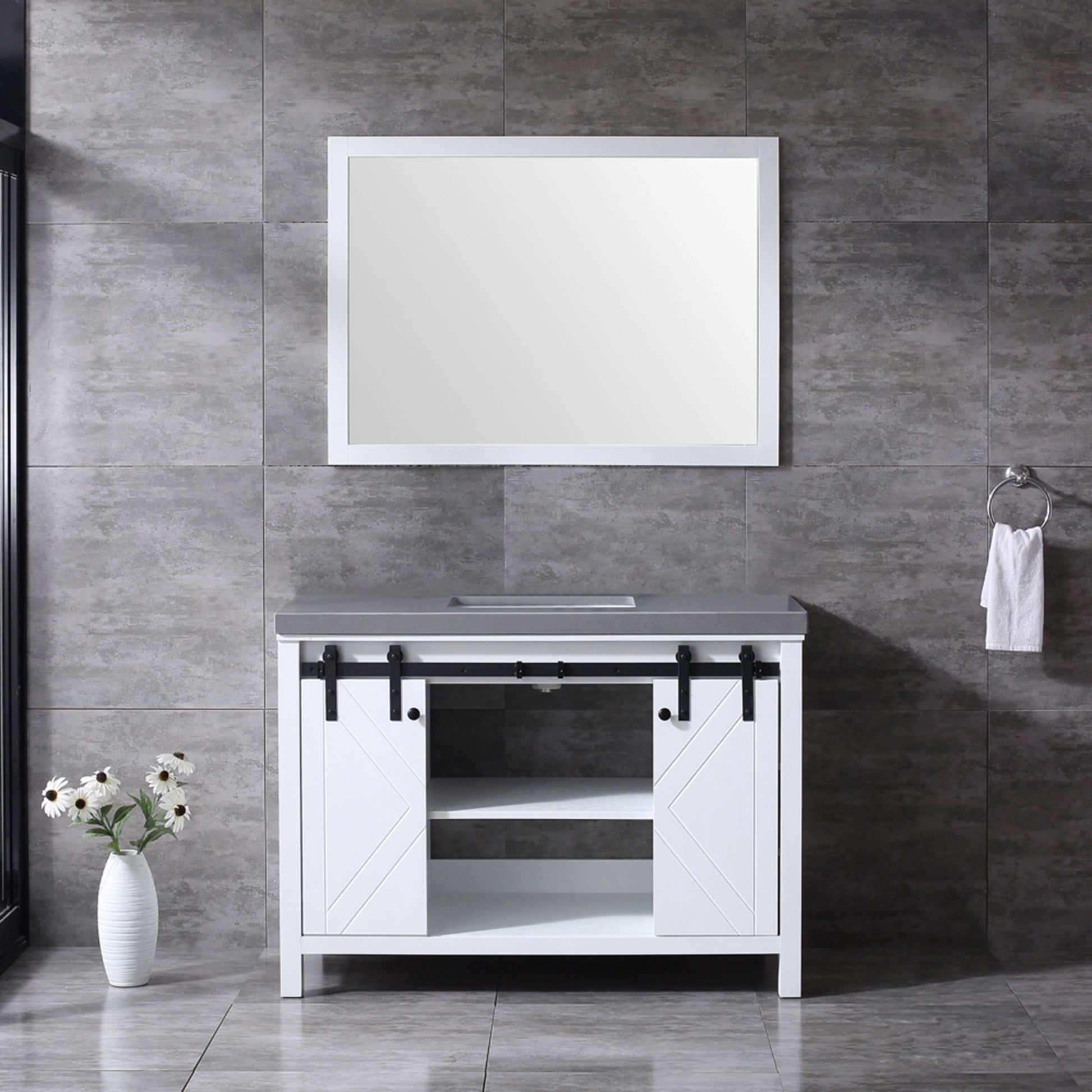 Marsyas 48" White Single Vanity, Grey Quartz Top, White Square Sink and 44" Mirror - LM342248SAASM44